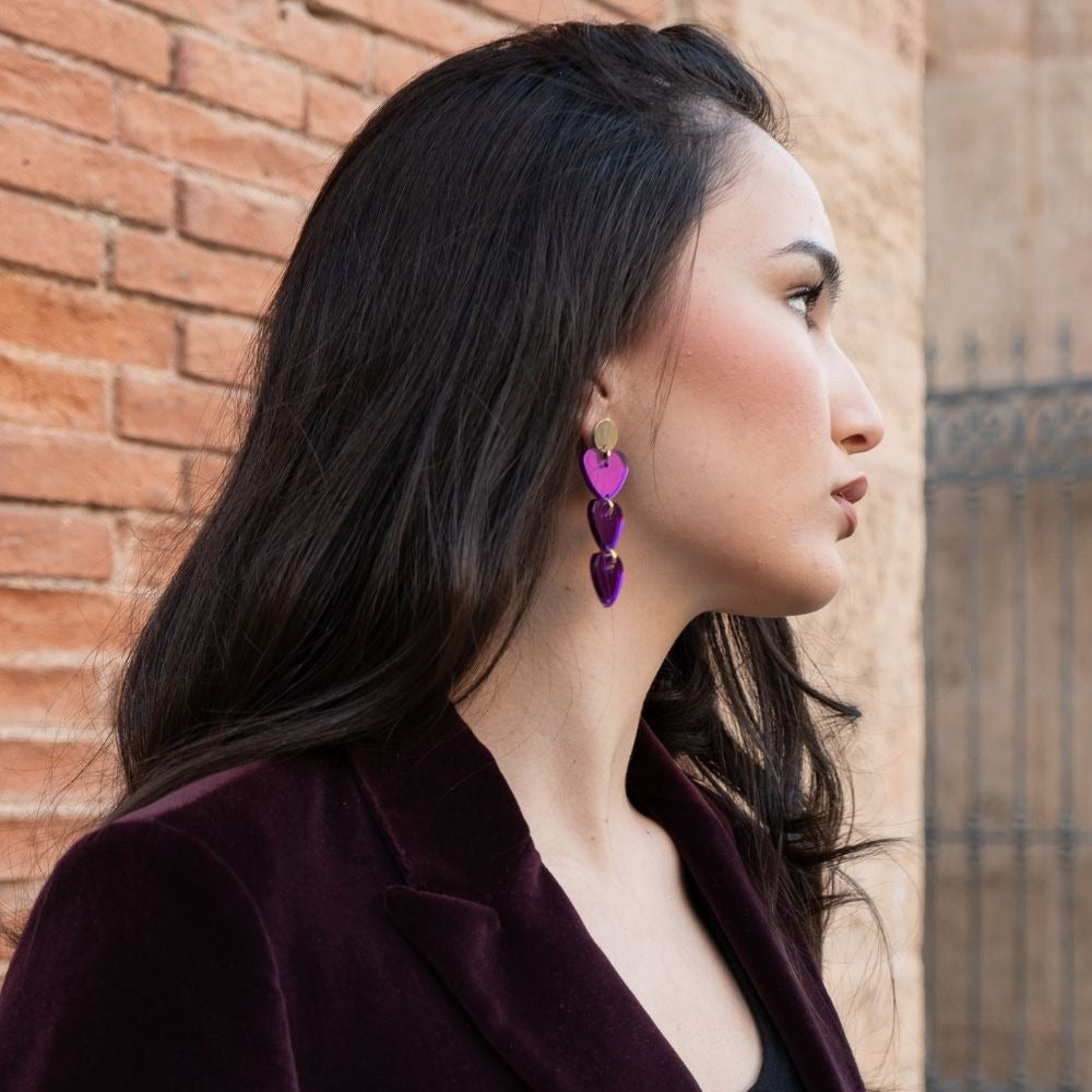 Pendientes Tres Corazones Morados