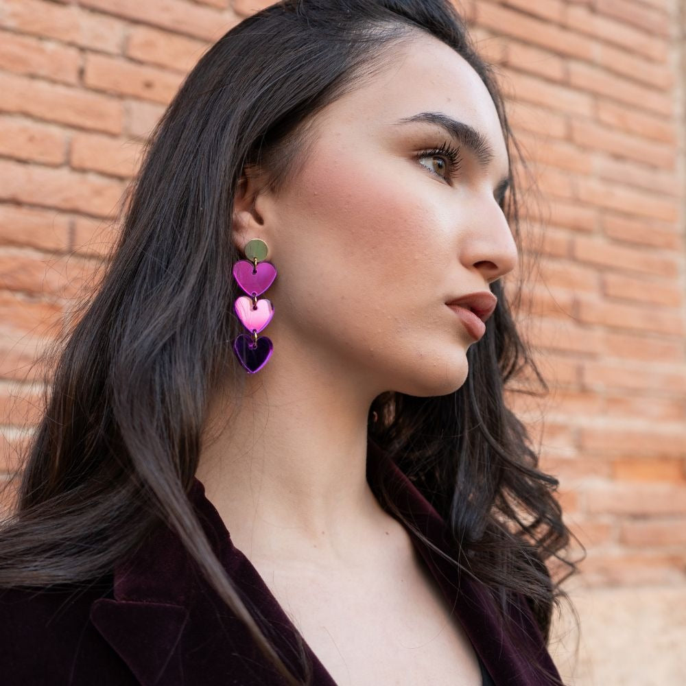 Pendientes Tres Corazones Morados